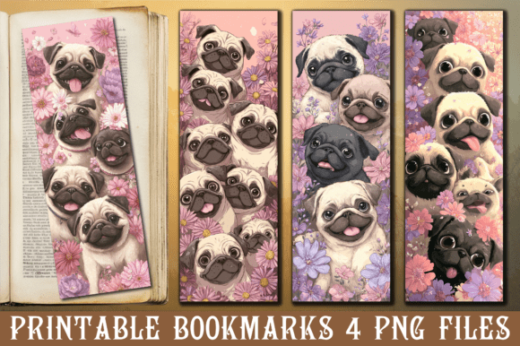 Kawaii Pug Puppy Floral Bookmark Design
