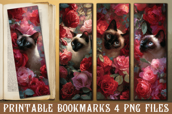 Siamese Cat Red Rose Garden Art Bookmark